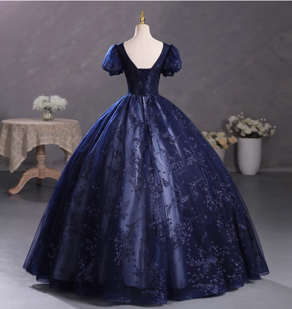 Elegant Court Navy Blue Crew Neck Puff Sleeve Embroidered Tulle Ball Gown Evening Dress Sweet 16 Dress P4400
