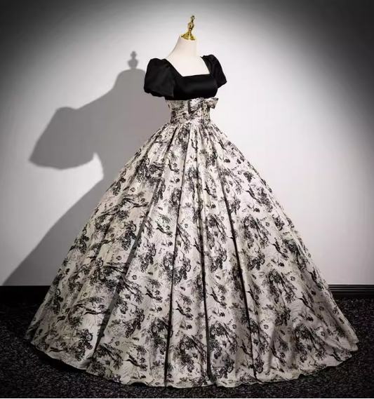 Vintage Printed Square Neck Puff Sleeve Velvet Ball Gown Evening Dress Sweet 16 Dress P4402