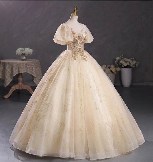 Princess Champagne Gold Square Neck Puff Sleeve Gold Embroidered Floral Tulle Ball Gown Evening Dress Sweet 16 Dress P4403