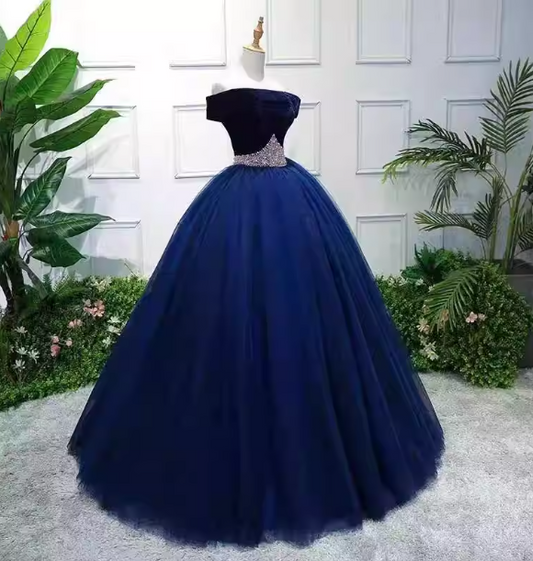 Elegant Navy Blue Off-the-Shoulder Velvet Tulle Ball Gown Evening Dress Sweet 16 Dress P4404