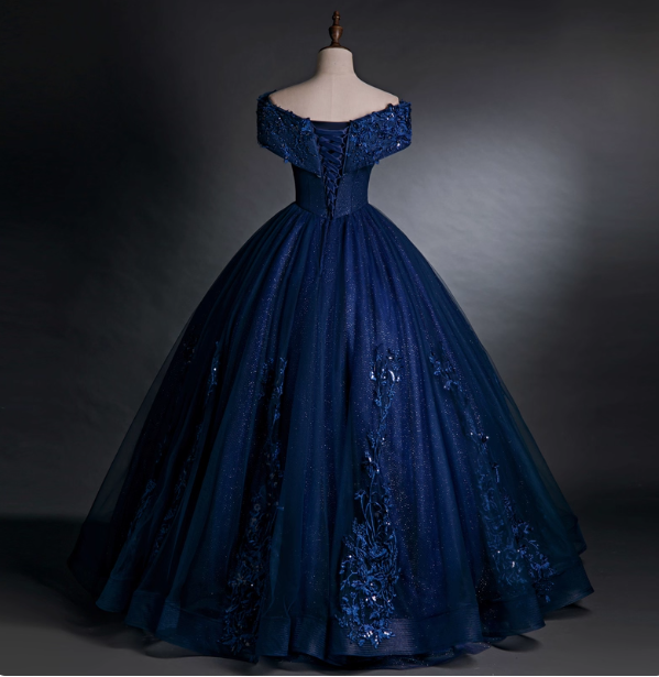 Luxurious Court Navy Blue One-Shoulder Embroidered Sequin Tulle Ball Gown Evening Dress Sweet 16 Dress P4407