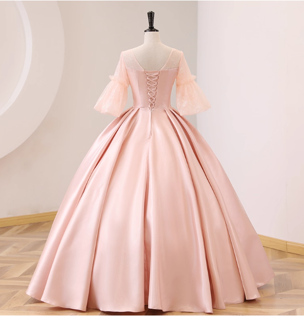 Sweet Pink Square Neck Lace Sleeve Satin Ball Gown Evening Dress Sweet 16 Dress P4410