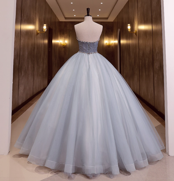 Dreamy Light Blue Strapless Tulle Ball Gown Evening Dress Sweet 16 Dress P4411