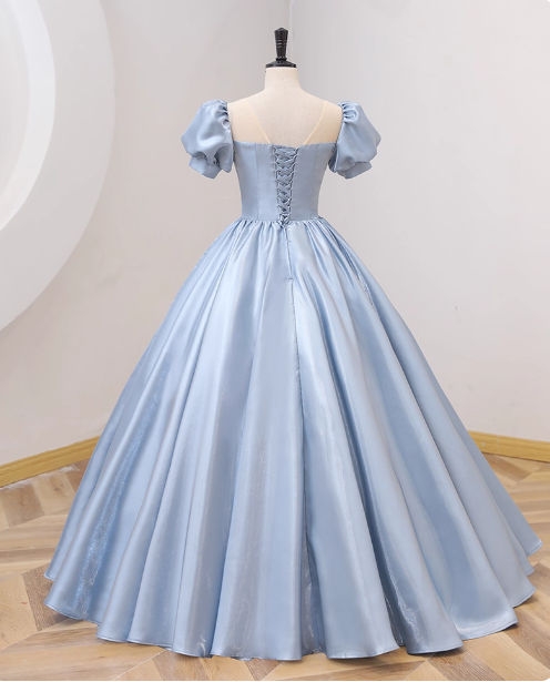 Sweet Princess Light Blue Square Neck Bow Puff Sleeve Satin Ball Gown Evening Dress Sweet 16 Dress P4414