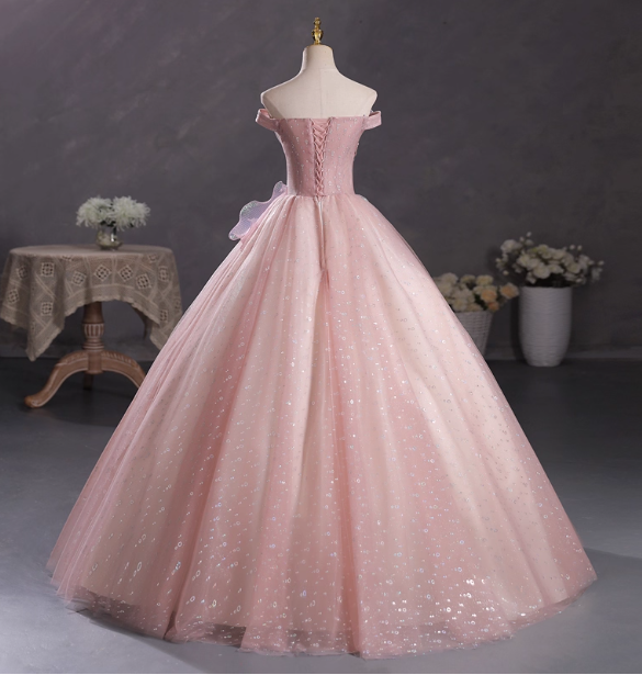 Dreamy Pink Off-Shoulder 3D Floral Iridescent Tulle Ball Gown Evening Dress Sweet 16 Dress P4415