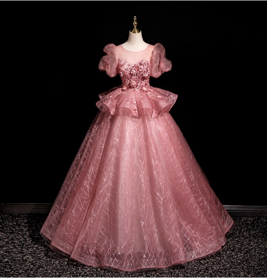Gorgeous Princess Pink Crew Neck Puff Sleeve Tulle Ball Gown Evening Dress Sweet 16 Dress P4416
