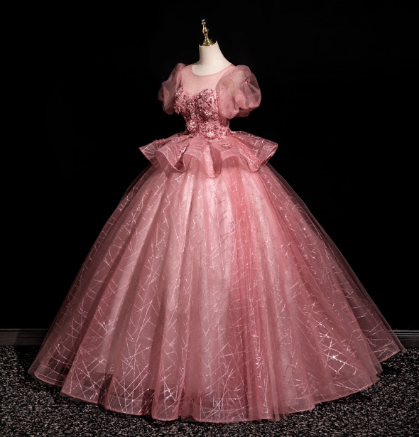 Gorgeous Princess Pink Crew Neck Puff Sleeve Tulle Ball Gown Evening Dress Sweet 16 Dress P4416