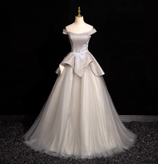 Gorgeous Court Silver-White One-Shoulder Sequin Tulle Long Ball Gown Evening Dress Sweet 16 Dress P4420