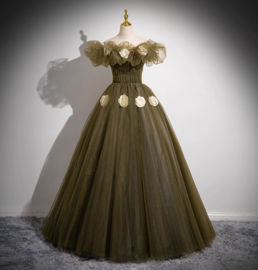 Vintage Olive Green One-Shoulder 3D Floral Tulle Long Ball Gown Evening Dress Sweet 16 Dress P4423