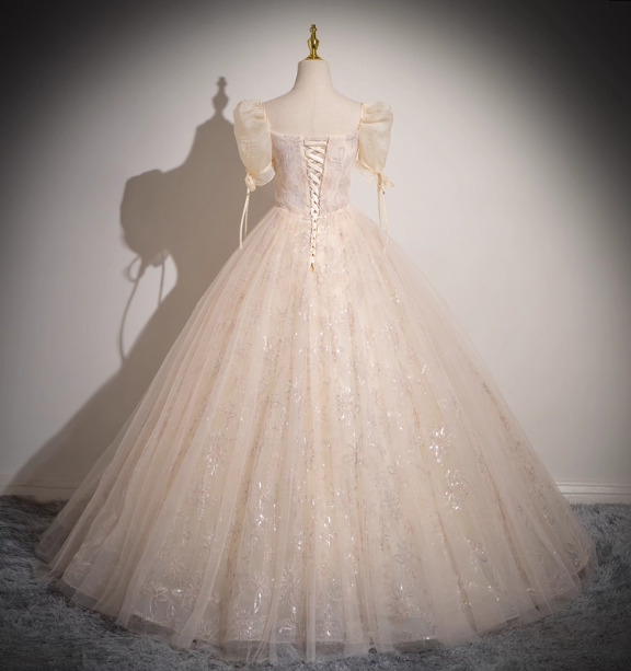 Princess Light Champagne Square Neck Puff Sleeve Bow Tulle Long Ball Gown Evening Dress Sweet 16 Dress P4424