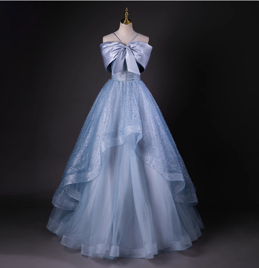 Dreamy Princess Blue Off-Shoulder Oversized Bow Tulle Long Ball Gown Evening Dress Sweet 16 Dress P4426