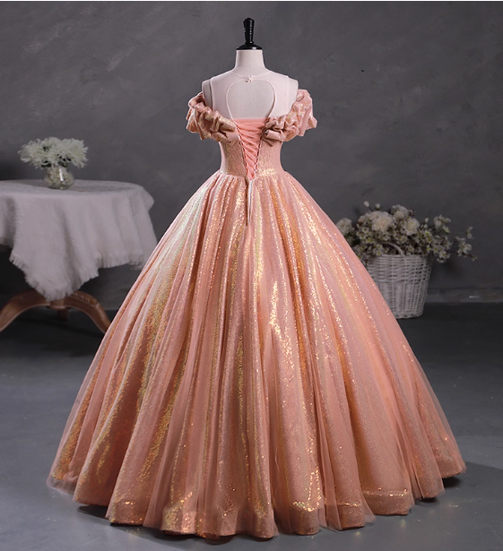 Gorgeous Shimmering Pink-Gold Ruched Sequin Sheer Tulle Long Ball Gown Evening Dress Sweet 16 Dress P4427