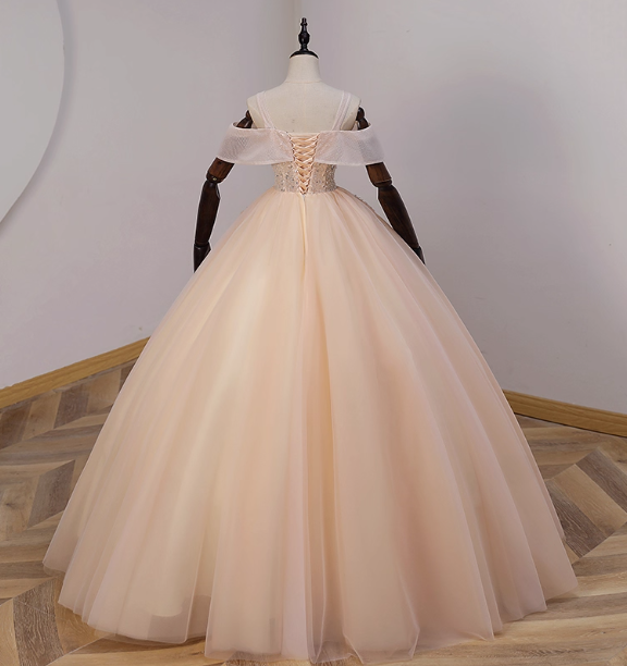 Elegant Champagne One-Shoulder Tulle Long Ball Gown Evening Dress Sweet 16 Dress P4428
