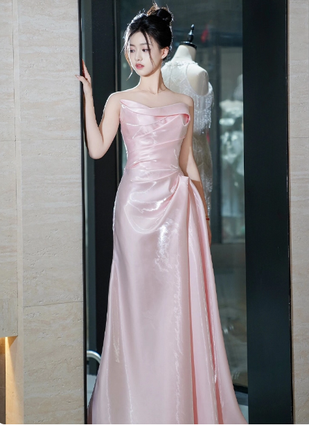 Elegant Pink Strapless Ruffled Satin Long Prom Dress Evening Dress Bridesmaid Dress P4440