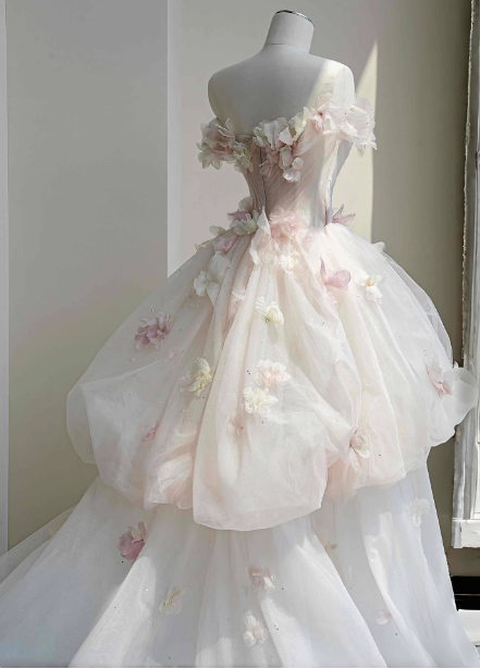 Robe de soirée longue en tulle fleuri 3D rose-blanc vaporeux à épaules dénudées, robe de bal pour jeune fille de 16 ans P4447