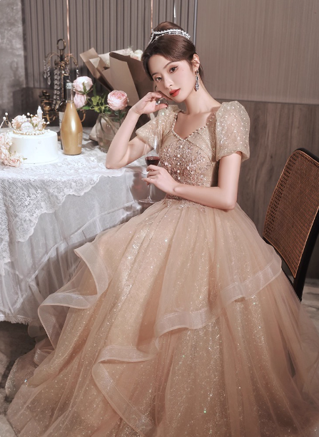 Prinzessin Süßer Champagner Nude A-Linie Puff Kurzarm Mehrlagiger Tüll Langes Ballkleid Abendkleid P4454