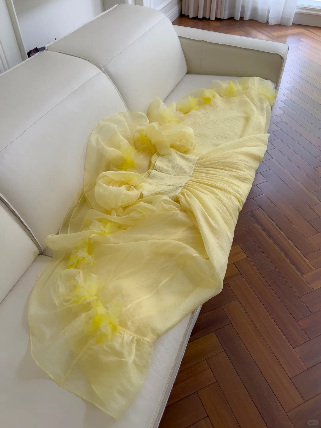 Sweet Yellow A-line Square Neck Puff Sleeve Lace Tulle Long Prom Dress P4046