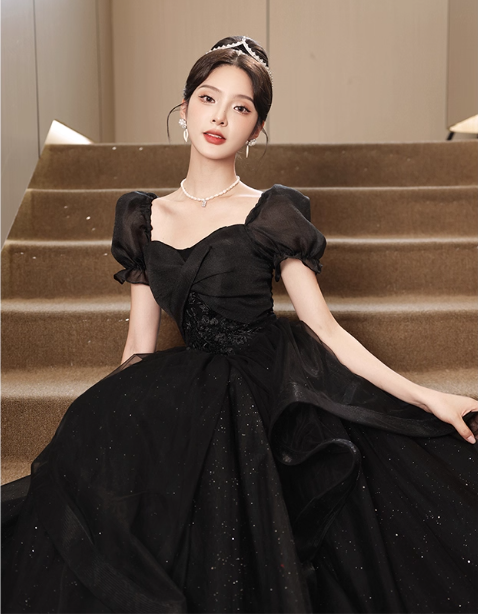 Elegant Black A-line Square Neck Puff Sleeve Tulle Long Prom Dress Evening Dress P4470