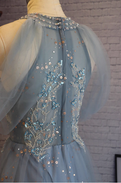 Elegantes pinkfarbenes A-Linien-Neckholder-Tüllkleid, langes Ballkleid, Abendkleid P4483