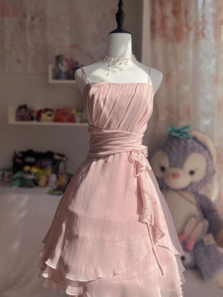 Charming Homecoming Dress A Line Pink Spahetti Straps Pleated Back to School Outfits Short Birthday Dress P4916