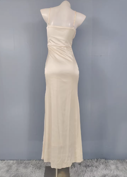 Elegant Cream Apricot Spaghetti Strap V-neck Ruffled Satin Long Prom Dress Evening Dress Bridesmaid Dress P4493