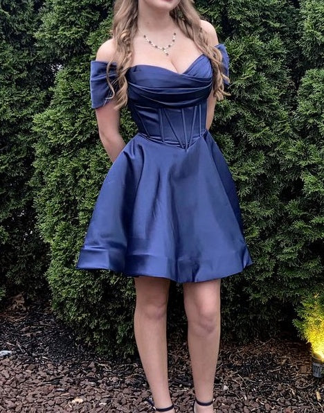 Stunning Homecoming Dress Satin A Line Off Shoulder Navy Blue Cocktail Dress Short Birthday Dress P4930
