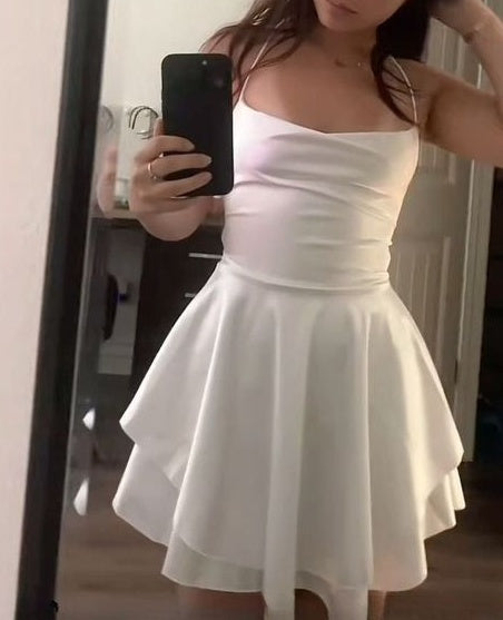 Pretty Homecoming Dress A Line White Spaghetti Straps Satin Back to School Outfits Short Birthday Dress P4932