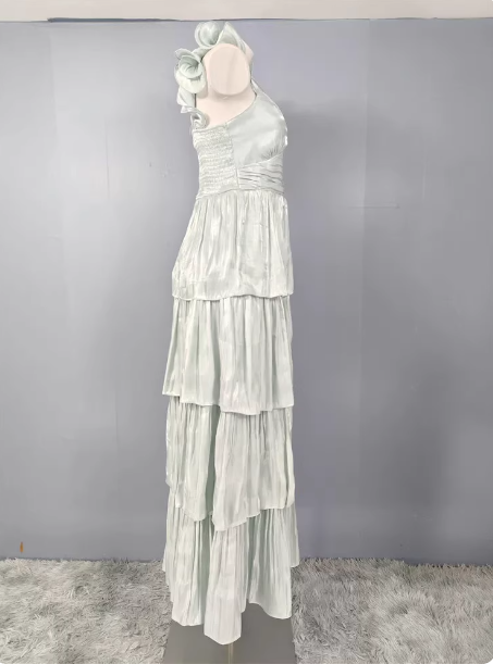 Vintage Dusty Sage A-line V-neck Satin Tiered Long Prom Dress Evening Dress P4501