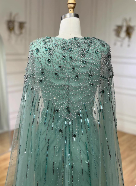 Wunderschönes mintgrünes tiefes V-Cape, perlenbesetztes Pailletten-Tüll-langes Ballkleid Abendkleid P4508