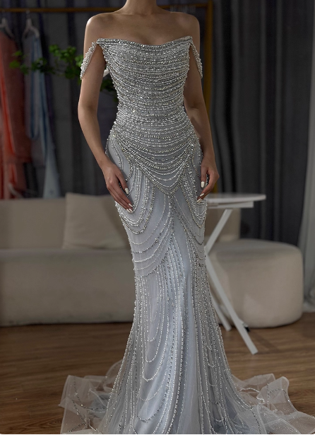 Gorgeous Silver Mermaid Off-the-shoulder Pearl Chain Beaded Tulle Train Prom Dress Evening Dress P4509