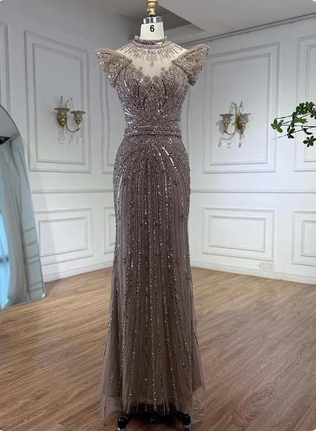 Vintage Champagne Brown Mermaid Stand Collar Shoulder Sleeve Full Diamond Sequin Tulle Long Prom Dress Evening Dress P4510