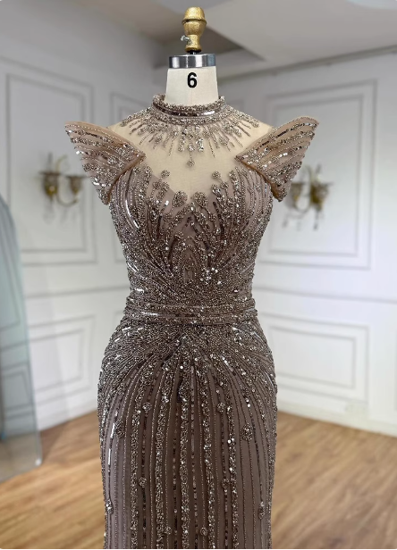 Vintage Champagne Brown Mermaid Stand Collar Shoulder Sleeve Full Diamond Sequin Tulle Long Prom Dress Evening Dress P4510