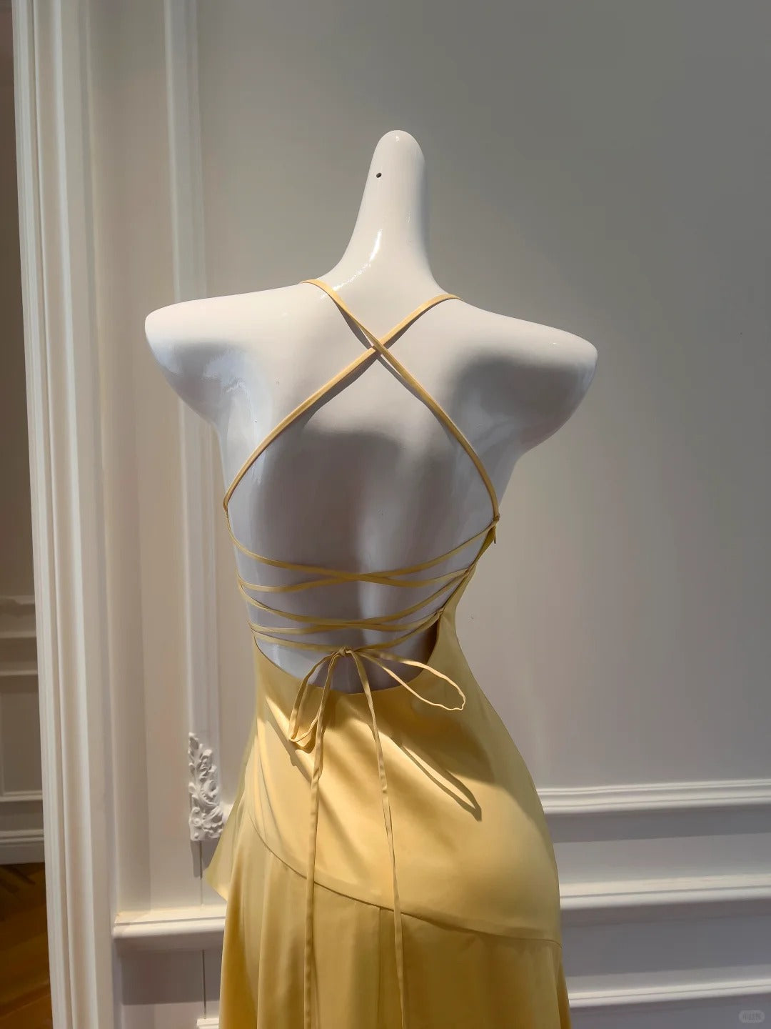 Elegant Yellow Irregular Halter Neck Satin Short Front Long Back Prom Dress P4052