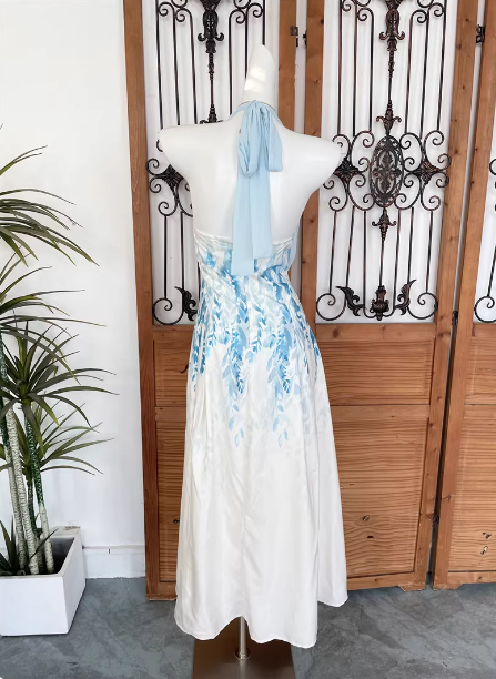 Fresh Printed A-line Halter Neck Satin Long Prom Dress Evening Dress P4529