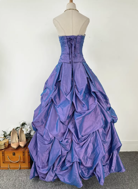 Vintage Princess Purple-blue Sweetheart Neck Satin Ruched Long Ball Gown Evening Dress P4536