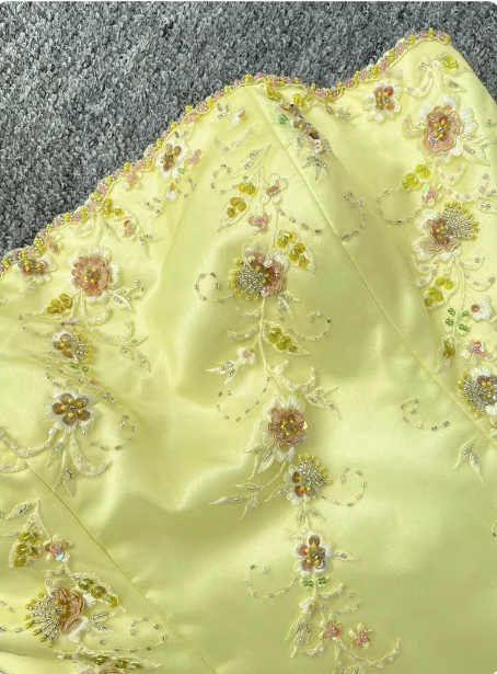 Sweet Princess Yellow A-line Strapless Beaded Embroidered Tulle Long Prom Dress Evening Dress P4537