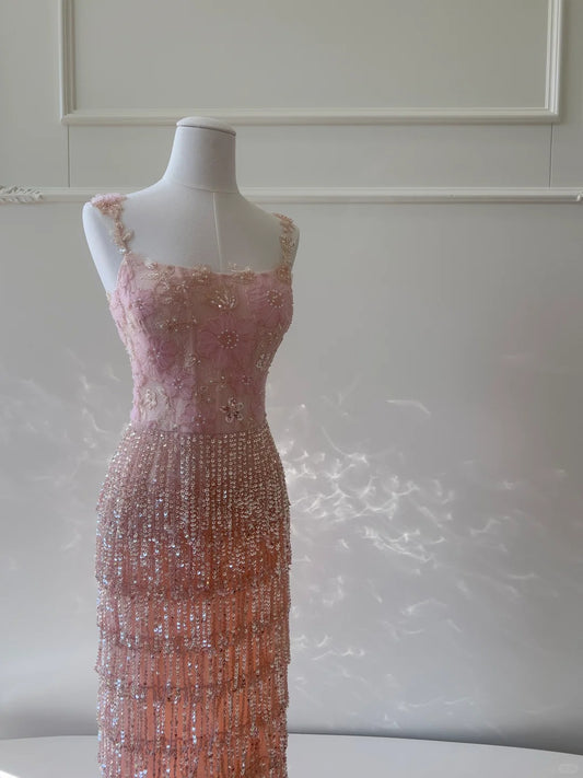 Gorgeous Pink Slim Square Neck 3D Flower Sequin Tassel Long Prom Dress Evening Dress P4054