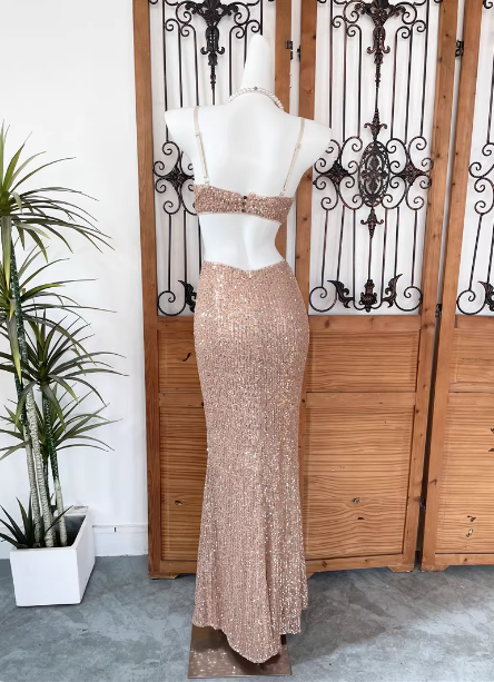 Sexy Champagne Pink Mermaid Spaghetti Strap Waist Cutout Sequin Long Prom Dress Evening Dress P4542