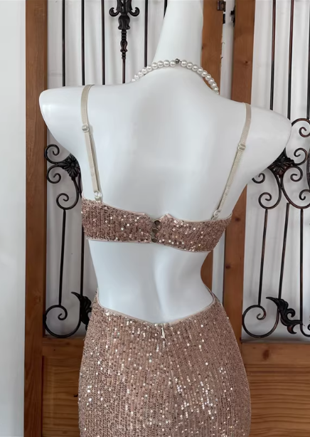 Sexy Champagne Pink Mermaid Spaghetti Strap Waist Cutout Sequin Long Prom Dress Evening Dress P4542