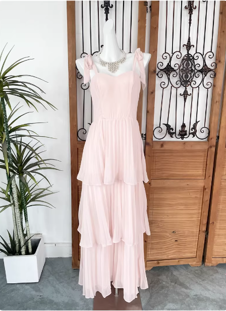 Sweet Pink Multi-layered Tiered Bow Strap Chiffon Long Prom Dress Even – PreppyDress