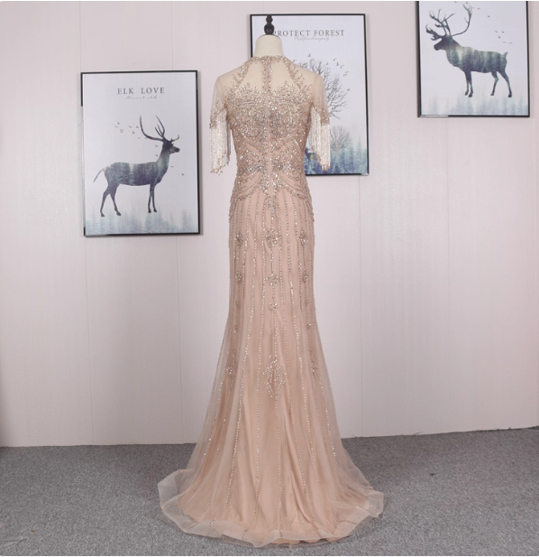 Gorgeous Nude Pink Mermaid Crew Neck Fringed Sleeve Beaded Tulle Train Prom Dress Evening Dress P4547