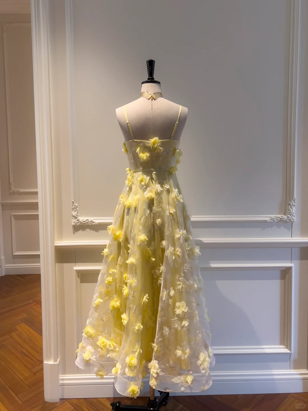 Beautiful Yellow A-line Square Neck Strapless 3D Flower Mesh Long Prom Dress P4055
