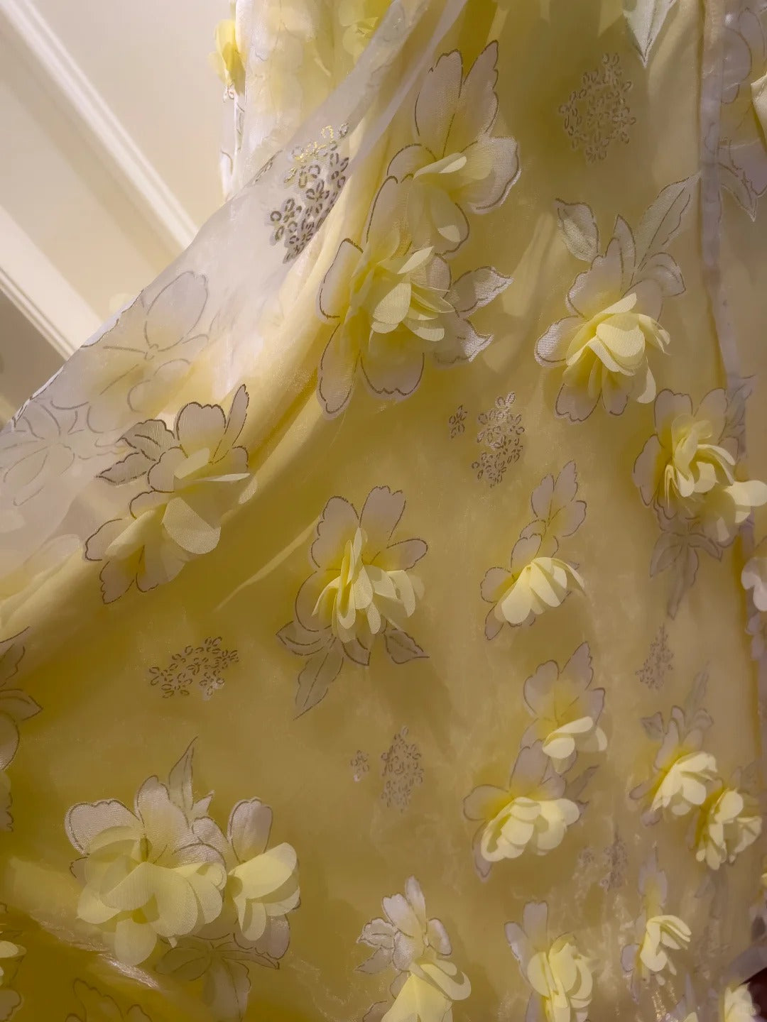 Beautiful Yellow A-line Square Neck Strapless 3D Flower Mesh Long Prom Dress P4055