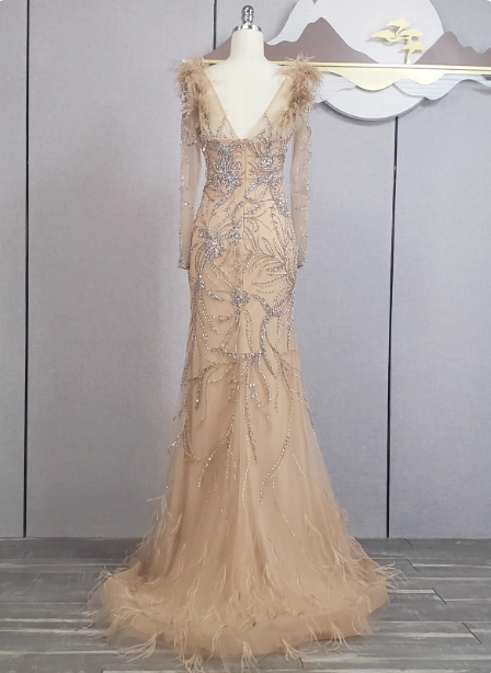 Vintage Champagne Mermaid Long Sleeve Square Neck Feather Beaded Tulle Long Prom Dress Evening Dress P4550