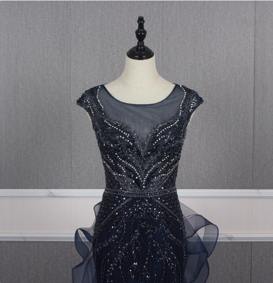 Vintage Navy Blue Mermaid Crew Neck Beaded Tulle Train Prom Dress Evening Dress P4558