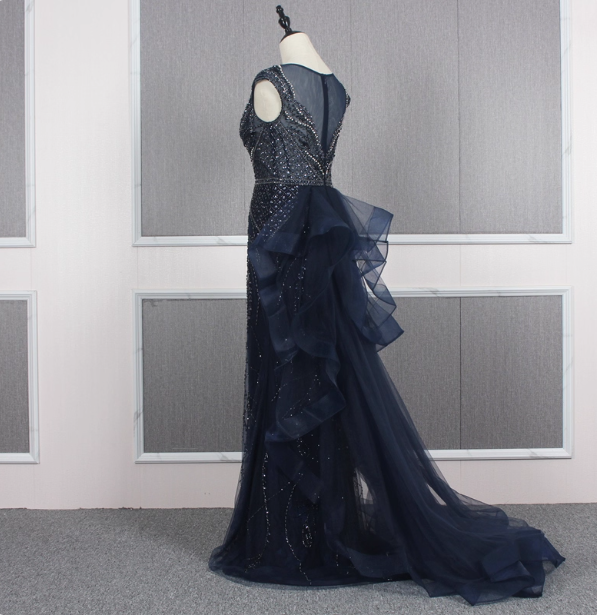 Vintage Navy Blue Mermaid Crew Neck Beaded Tulle Train Prom Dress Evening Dress P4558