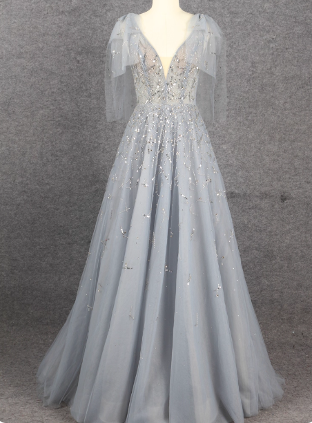 Elegant Smoky Blue Deep V Sequin Tulle Long Prom Dress Evening Dress Bridesmaid Dress P4564