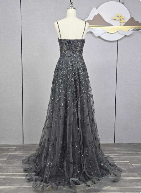 Elegant Dark Grey A-line Spaghetti Strap Sequin Tulle Long Prom Dress Evening Dress P4566