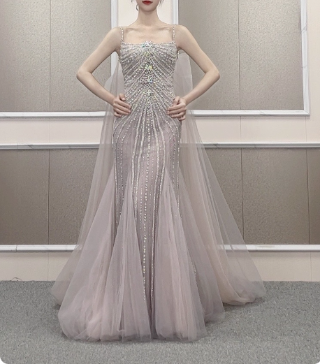 Gorgeous Light Lilac Spaghetti Strap Square Neck Rhinestone Tulle Train Prom Dress Evening Dress P4568