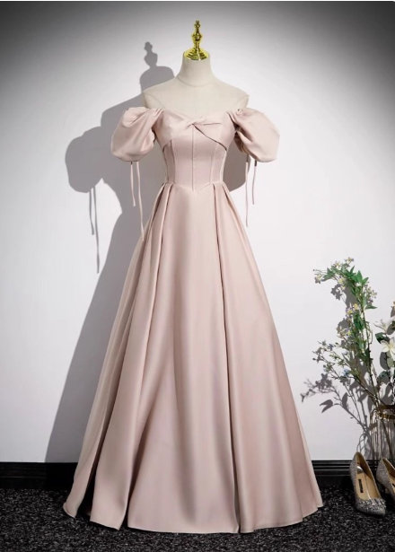 Sweet Pink A-line Square Neck Puff Sleeve Satin Long Prom Dress Evening Dress P4570
